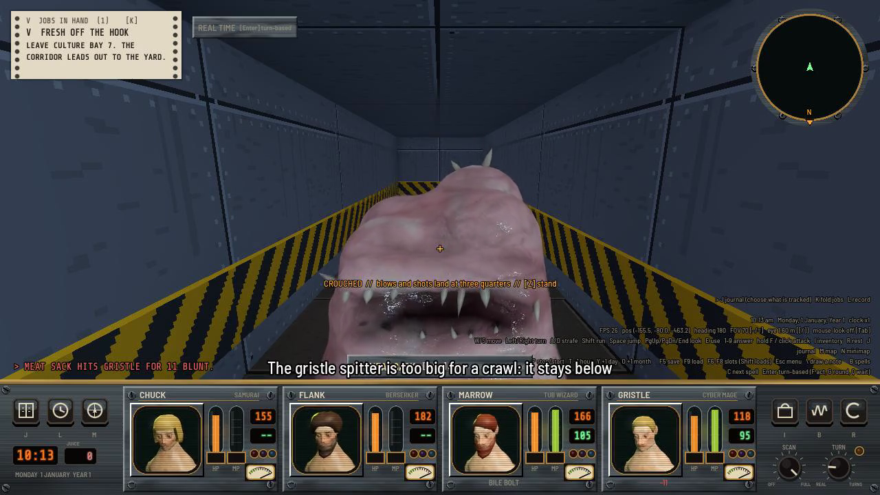 A first-person view down a narrow blue metal crawl way with yellow and black hazard stripes. A pink, toothy meat sack fills the lower middle of the screen, mouth open. The party's four portraits and health bars run along the bottom.