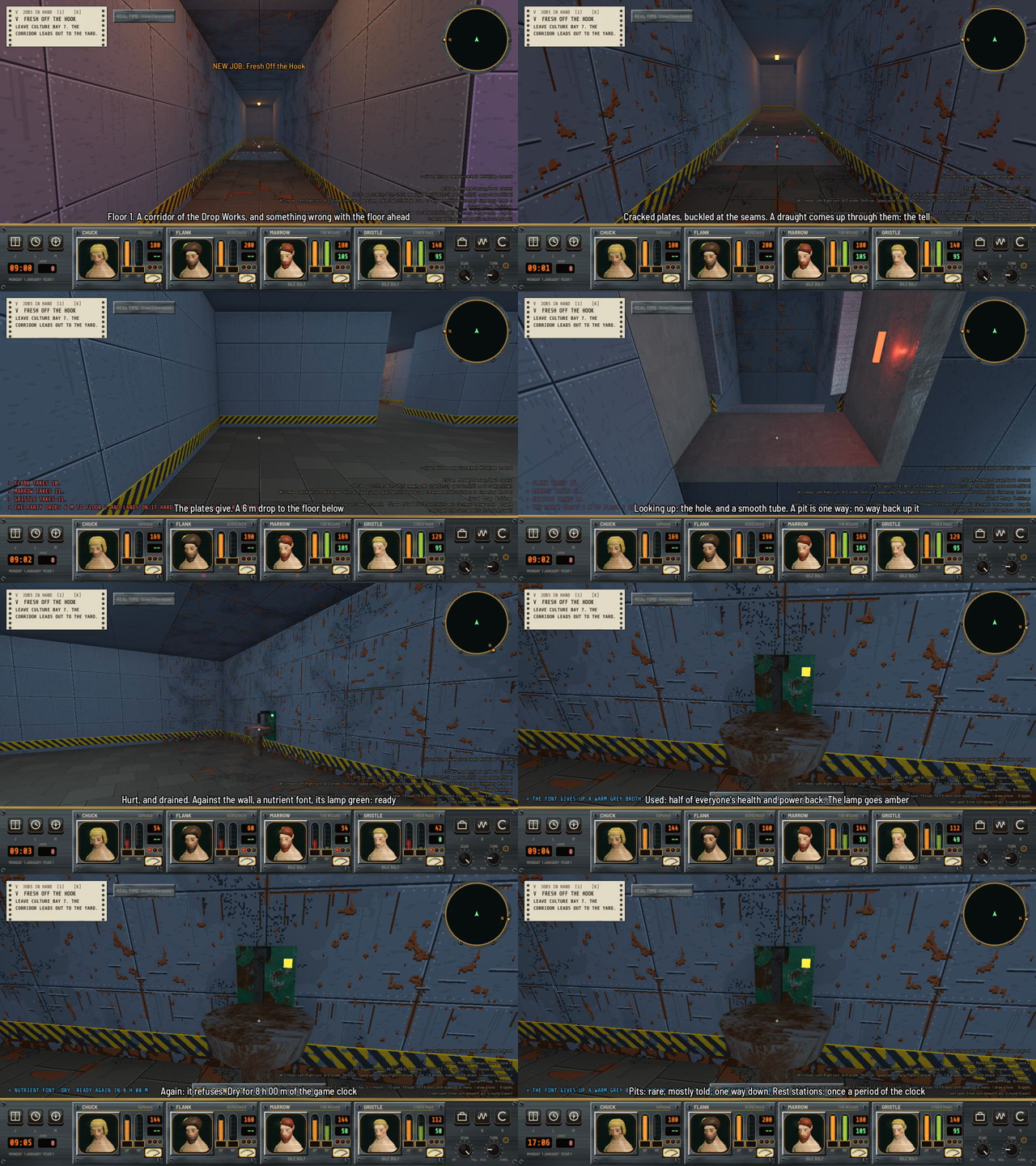 Eight first-person frames: a long metal corridor with sparkles rising from the floor ahead, an empty corridor below after the fall, a square shaft with a red lamp seen from underneath, and a rusty basin on a wall with a green lamp that turns amber after use.