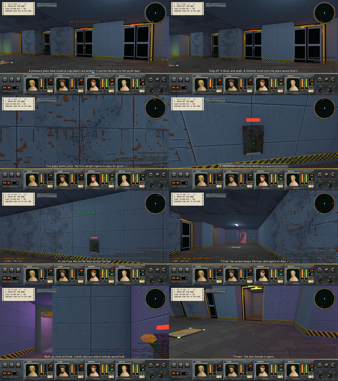Eight first-person frames in blue-gray metal corridors: a floor plate with blue studs in front of double doors, a close view of a wall, a small socket box on a wall, a fuse picked up across the hall, an open corridor after the fuse is fitted, a purple doorway, and an open door beside a plate on the floor.