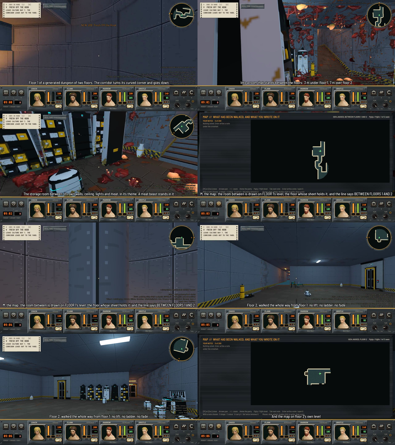 A sheet of eight frames: a gray corridor turning down, a storage room with shelves and red meat on the floor, the map screen with the room drawn on floor 1, a gray corridor and a room with lockers on floor 2, and the floor 2 map.