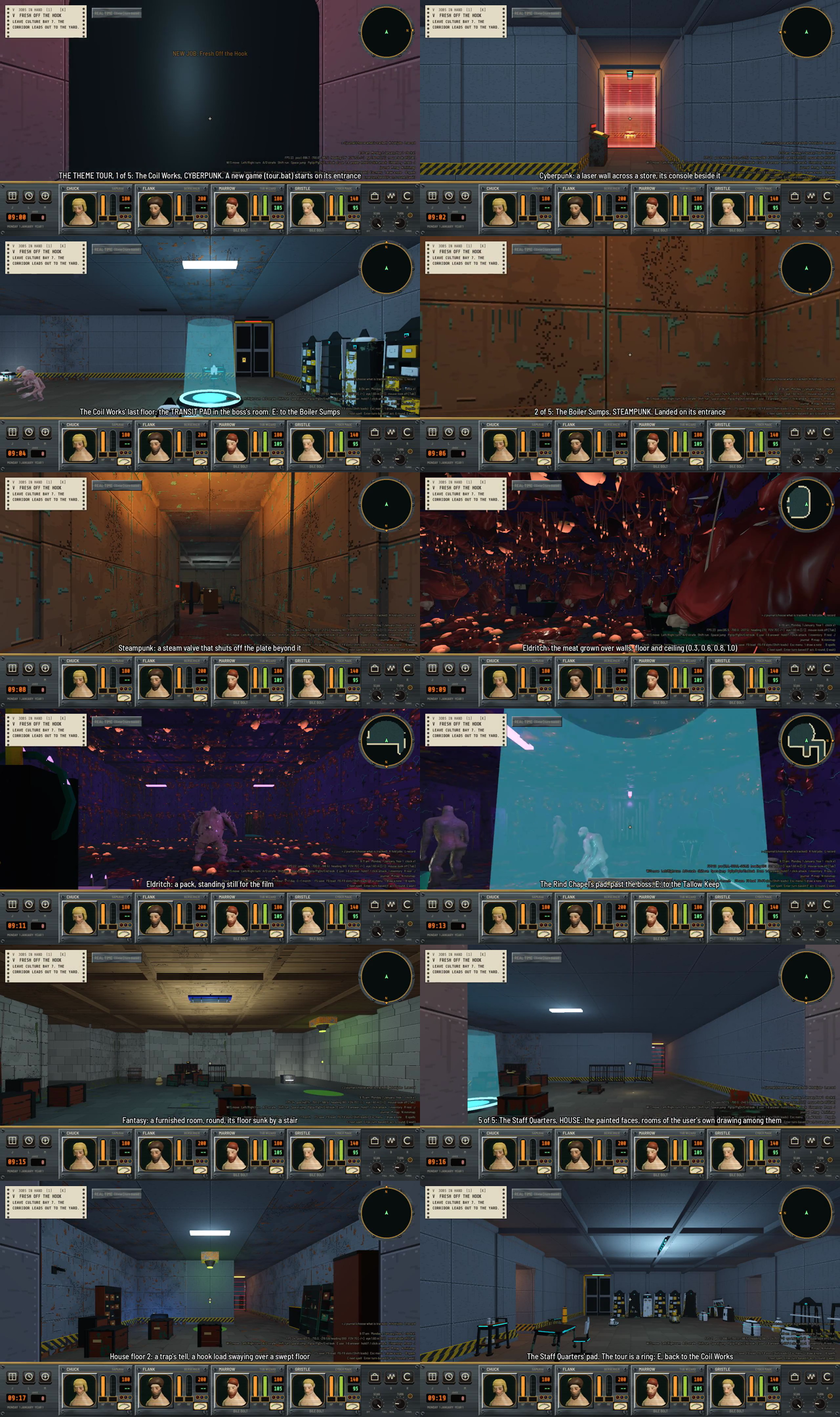 A sheet of twelve first-person frames: blue cyberpunk corridors with a red laser wall and a cyan pad, orange steampunk corridors, a cave of red eldritch meat, a stone fantasy room, and gray house rooms with furniture.