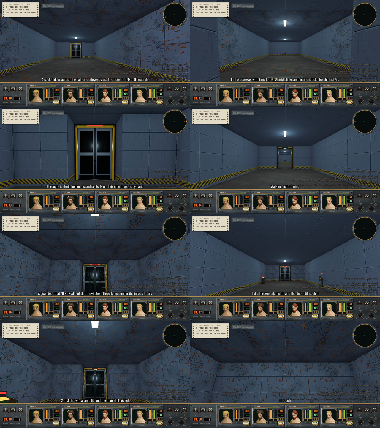 Eight first-person frames in a blue-gray metal hall: a double door far off with a lever nearby, the open doorway from inside, the door shut behind the party, then a second door with three small lamps above it lighting one by one, and the open room past it.