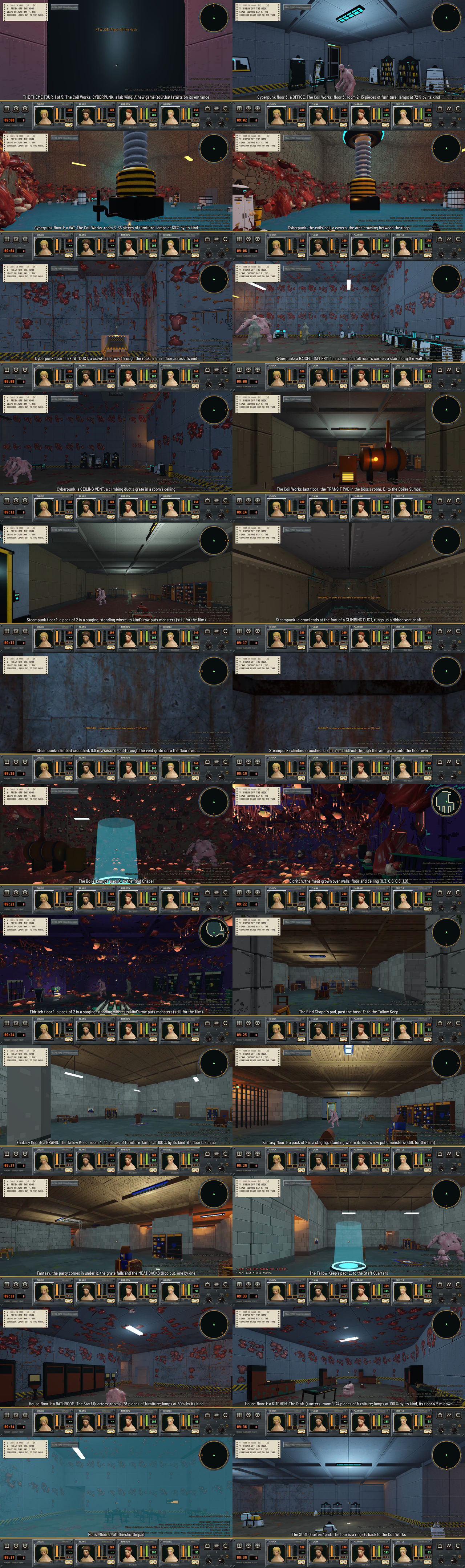 A tall sheet of captioned frames from the tour: cyberpunk coils and meat growth, a steampunk crawl way, an eldritch hall covered in meat, a furnished fantasy room and a house kitchen, with a cyan transit pad between dungeons.
