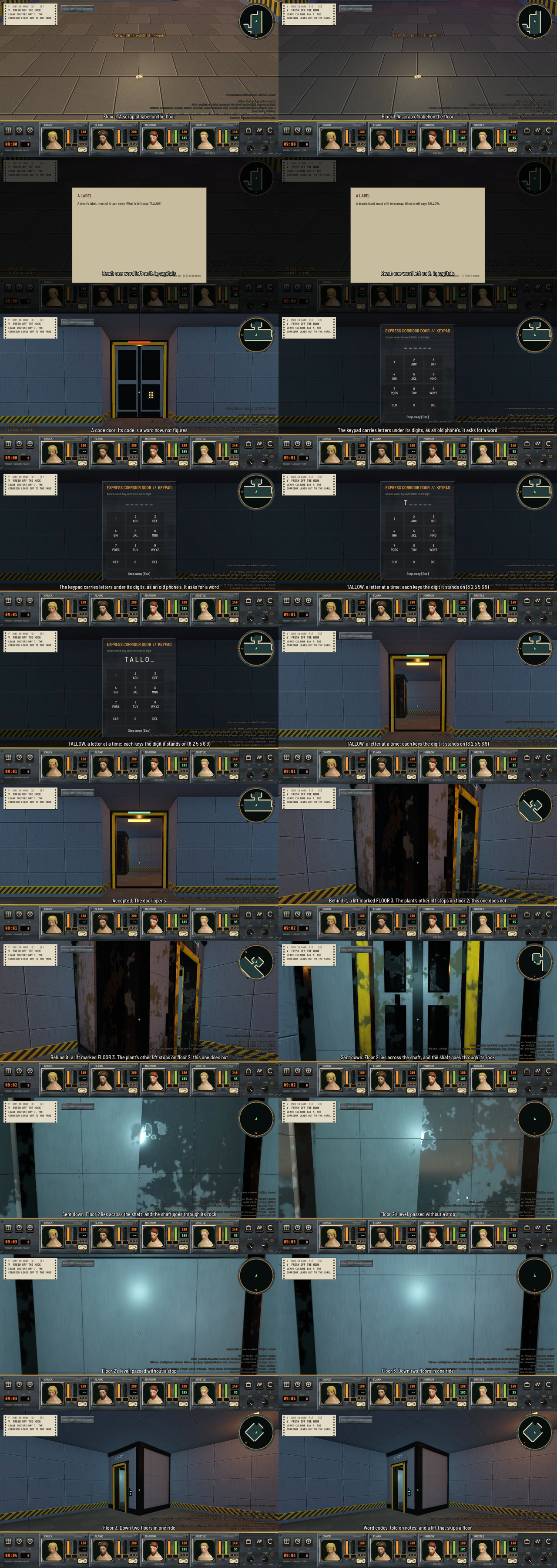 First-person frames: a scrap of label on a tiled floor, a note reading what is left says TALLOW, a keypad with letters under its digits filling in TALLO, a door opening on a lift, rusted shaft walls going past, and a lift car standing on floor 3.