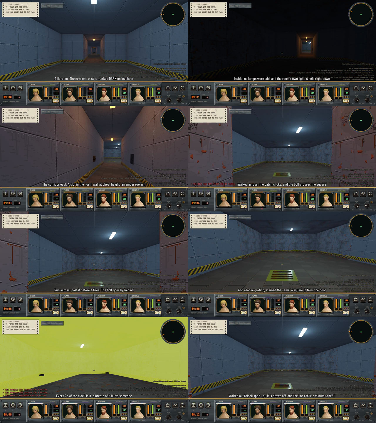 Ten first-person frames: a lit blue-tiled room, a nearly black room with a faint orange glow down a corridor, a corridor wall with a slot in it, a corridor with a floor grating, then a room filled with yellow-green gas with poison lines in the log, and the same room clear again.
