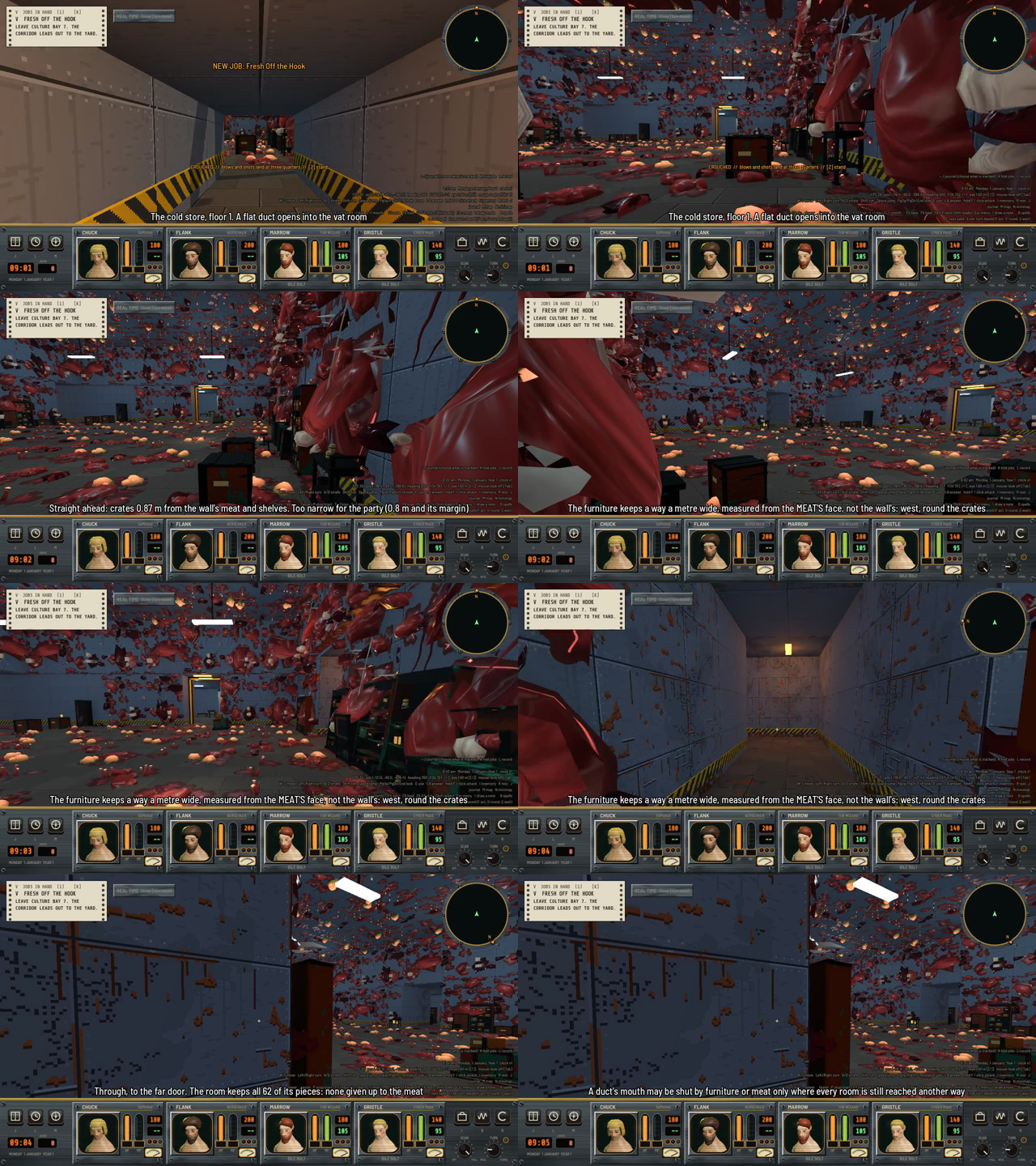 Eight first-person frames of a vat room covered in red meat on the walls and ceiling. The party leaves a duct, faces a pocket between crates and meat, walks west around the crates and goes through a door.