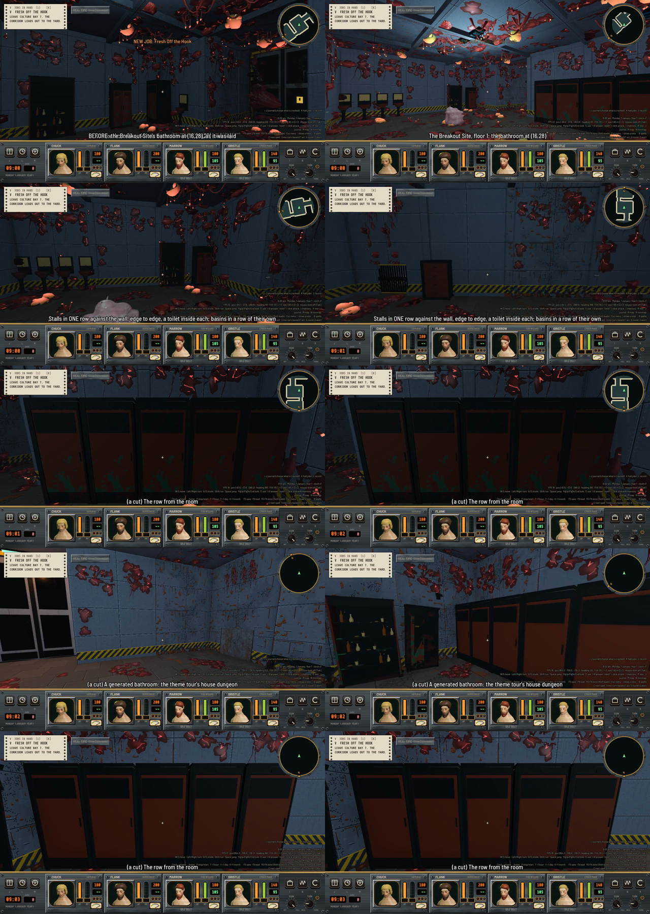 Twelve first-person frames of a dungeon bathroom, each with a caption. Dark booths with orange doors stand in a row against a wall, and a row of small basins stands on another wall, against blue-gray walls with red organic growths.