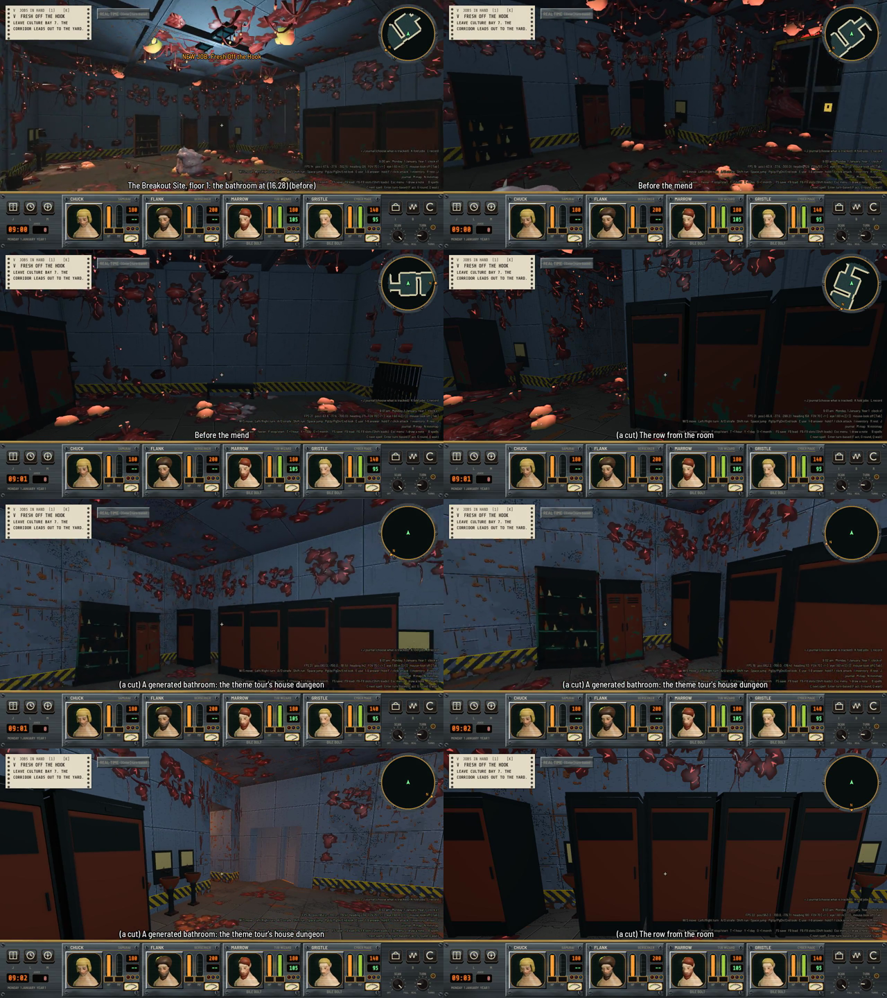 Eight first-person frames of a dungeon bathroom, each with a caption. Dark cabinets and booths with orange doors stand along blue-gray walls with red organic growths, with a row of basins on one wall.