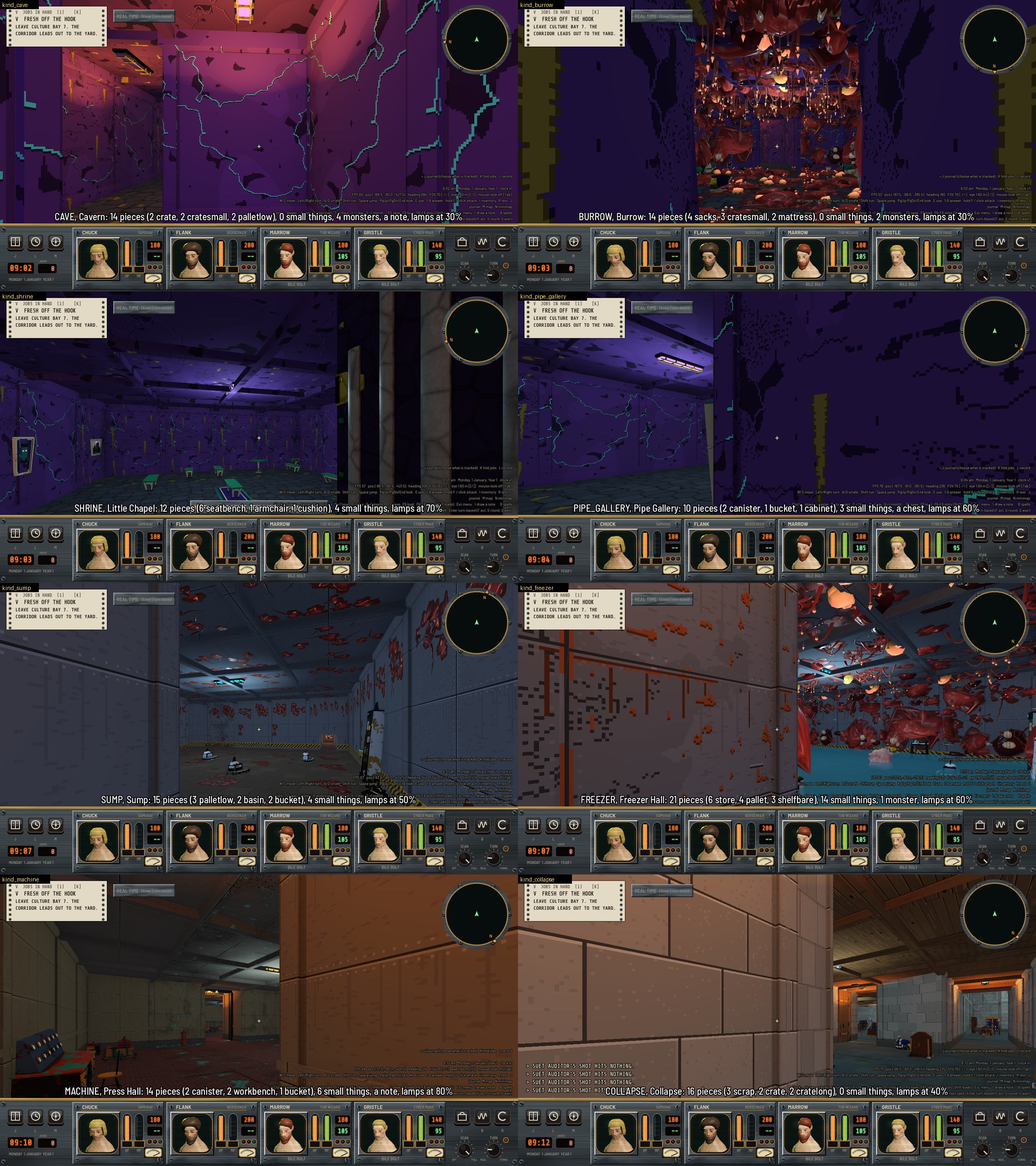 A grid of eight first-person screenshots of dungeon rooms. Some are dark and purple with few objects, one has red organic growths on the ceiling, one has green benches, and one has workbenches and a control panel. Each has a caption with the room's name, how many pieces of furniture it has and its lamp level.
