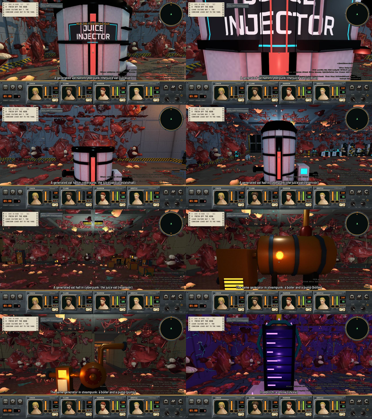 Eight first-person frames of generated dungeon rooms, each with a caption. A pink and white drum labeled Juice Injector, a smaller drum, a drum with a cyan panel beside it, a steampunk copper boiler with a glowing orange port, a copper pump with pipes, and a tall dark purple shrine with glowing bars, all against red organic growths.