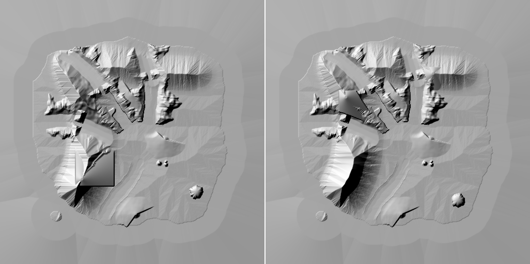 Two grey hillshade pictures of the same island with ridges and valleys. The right one has smoother cliffs and a large flat wedge with straight edges at the lower left.