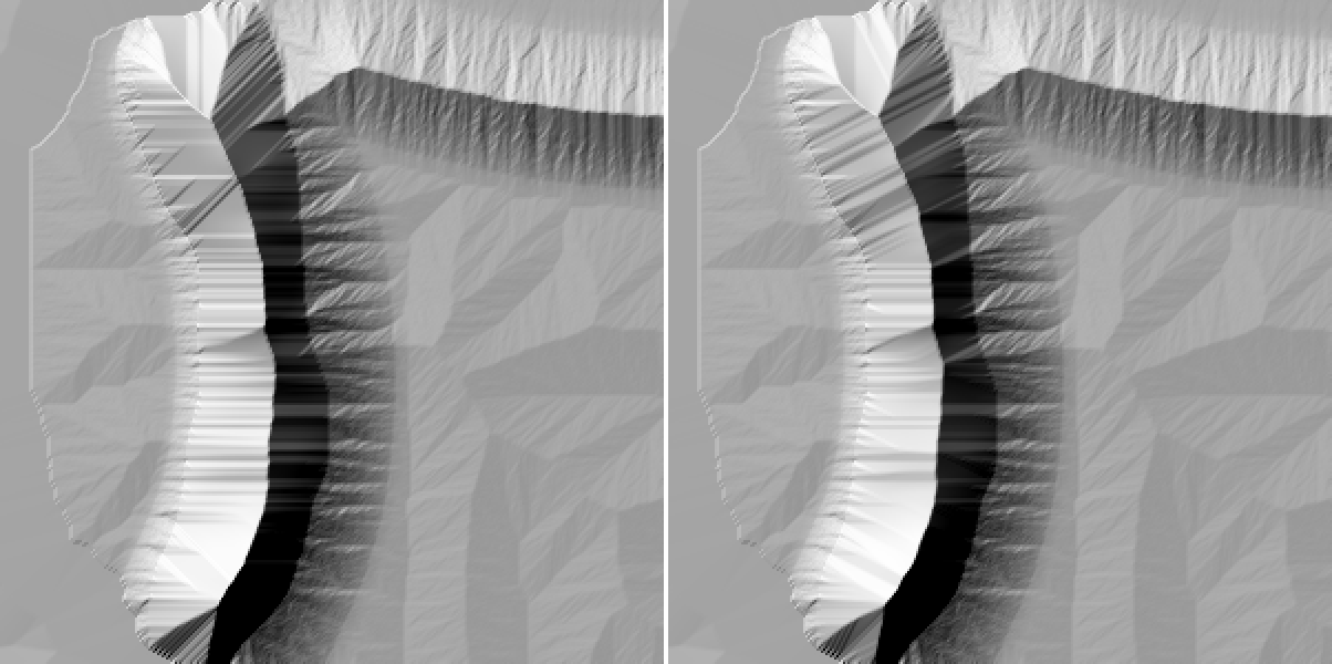 Two grey hillshade pictures of a long curved ridge. The left has many horizontal stripes across its steep face and the right has far fewer, replaced by fine diagonal streaks.
