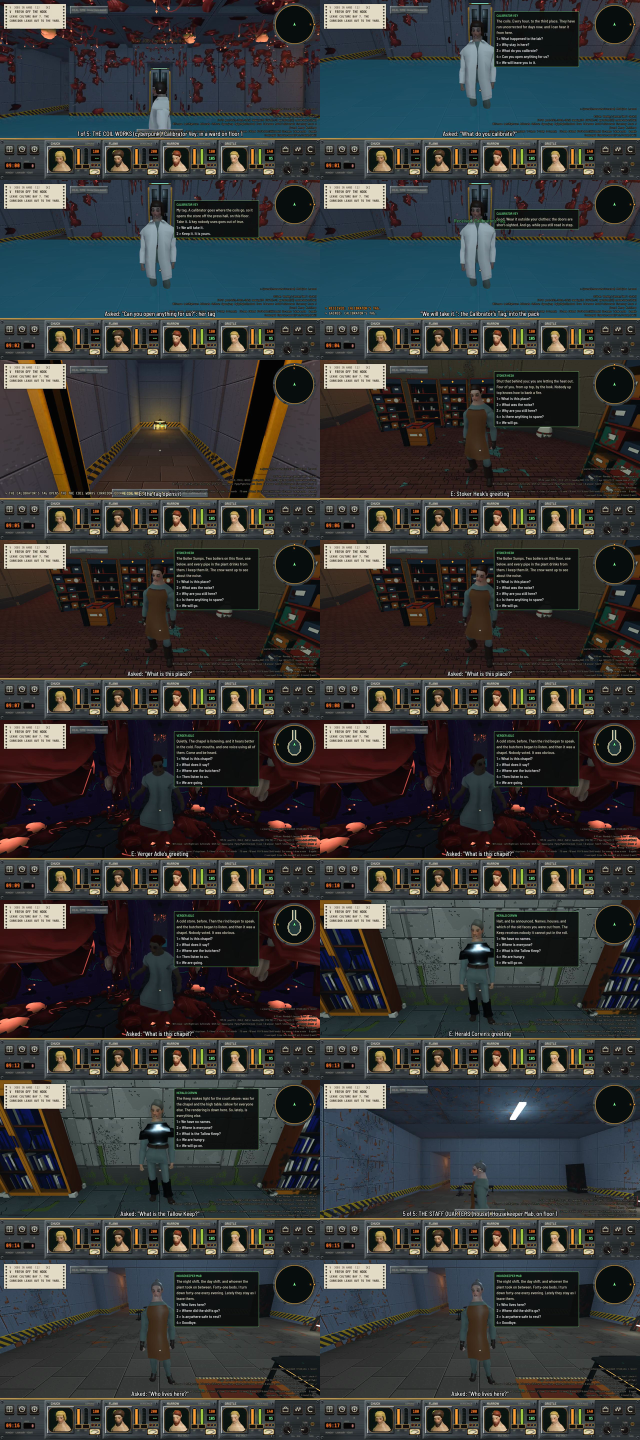 A tall sheet of first-person game frames, each captioned. Each shows a person in a dungeon room with a conversation box of numbered options beside them, in a blue-gray lab, a red-brick boiler room, a red organic chapel, a library with blue shelves and a plain bunk hall.