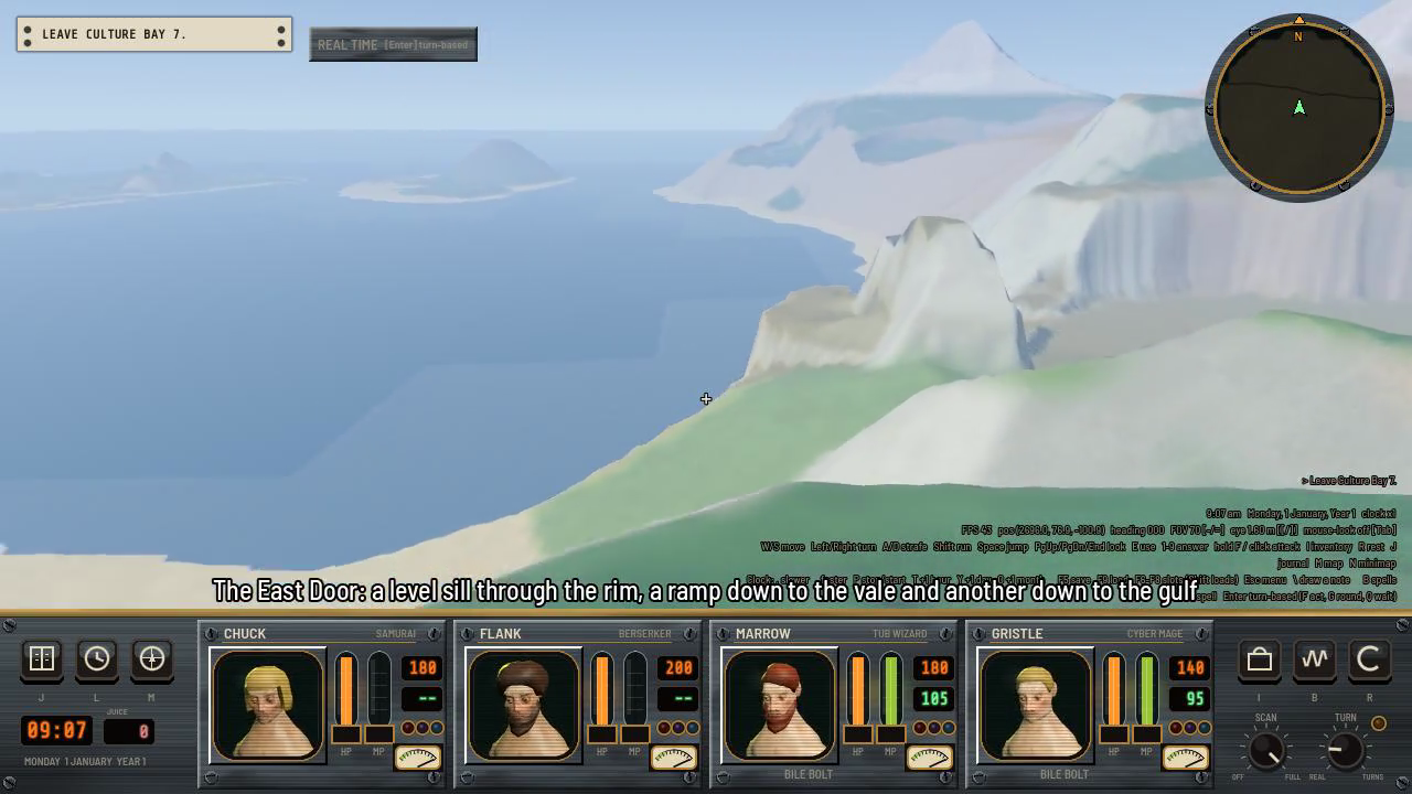 A game screenshot of a green and white mountainside above a pale blue sea, with a grassy ramp running down toward the water.