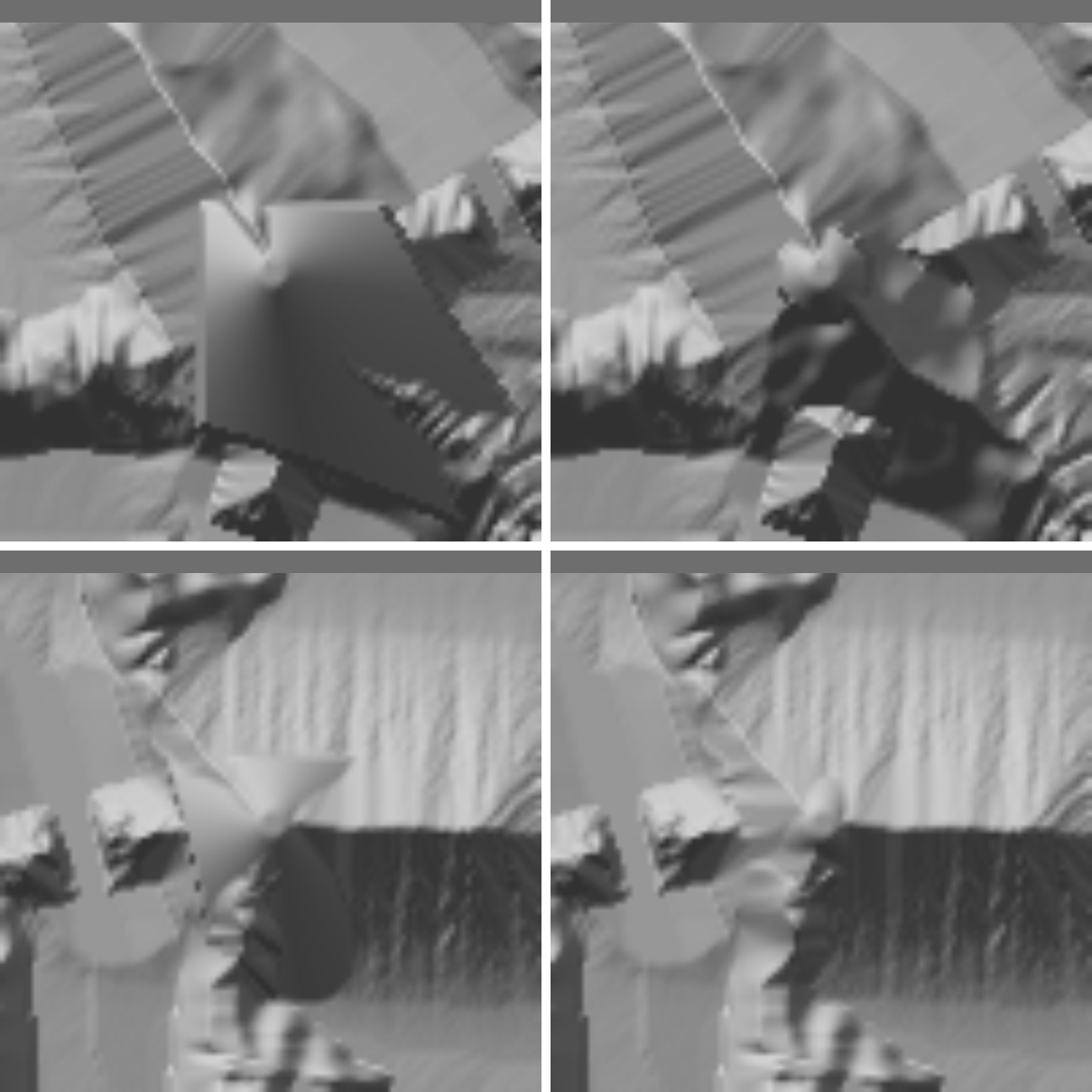 Four grey hillshade squares in two rows, before on the left and after on the right. In each left square a large flat wedge with straight edges covers the middle. In each right square it is replaced by a narrow strip winding up the slope.