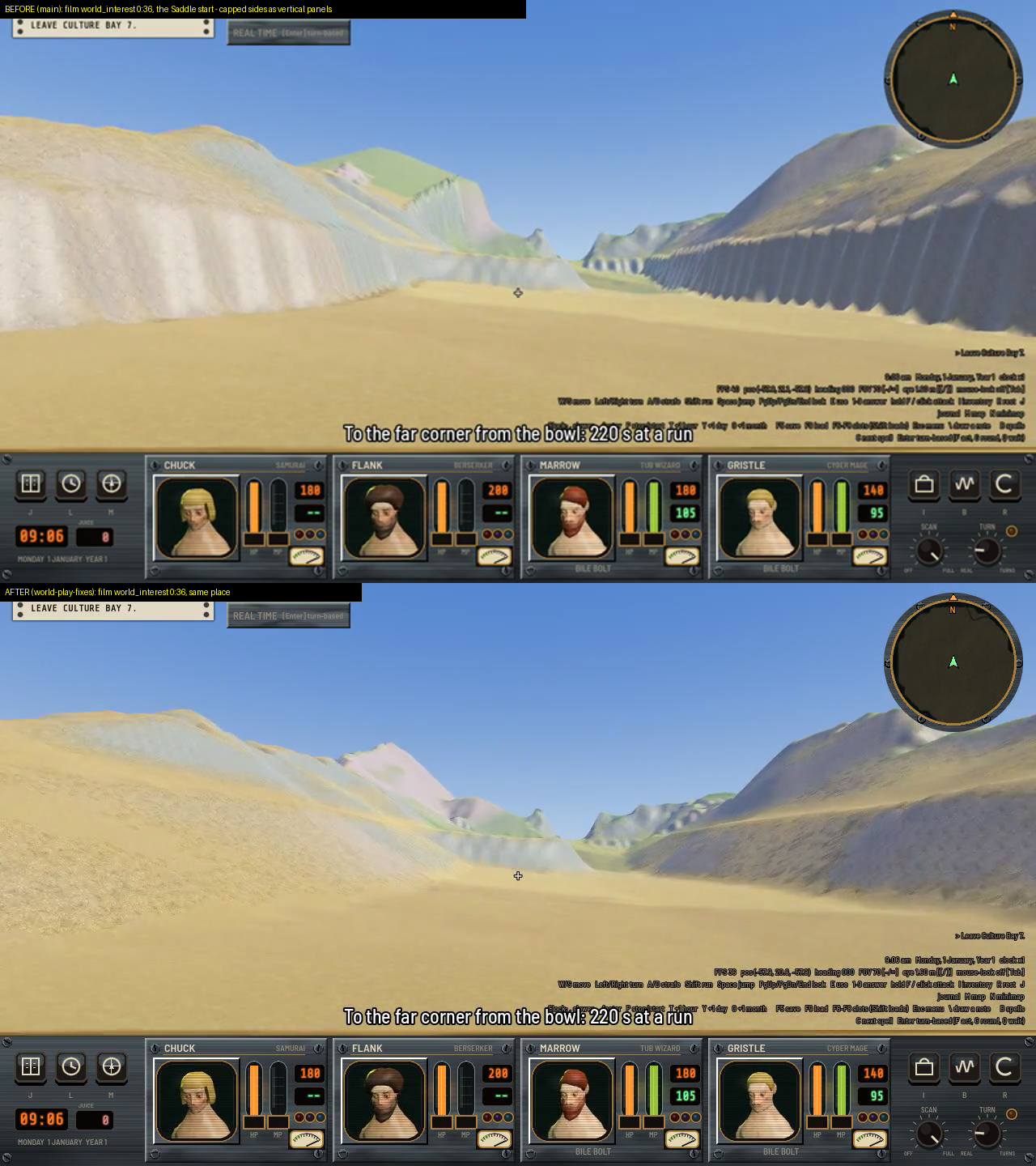 Two game screenshots of the same view down a wide sandy valley. In the top one both walls are made of flat vertical panels. In the bottom one both walls are smooth sloping hills.