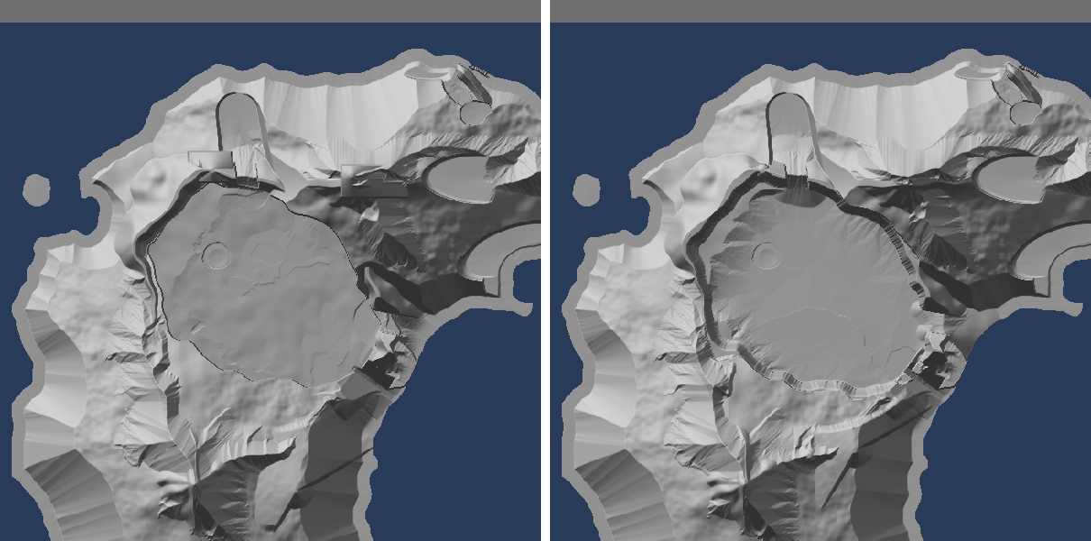 Two grey hillshade pictures of an island with a big round vale in the middle. On the left flat boxes sit on the rim at the north. On the right the rim runs all the way round as one ridge.