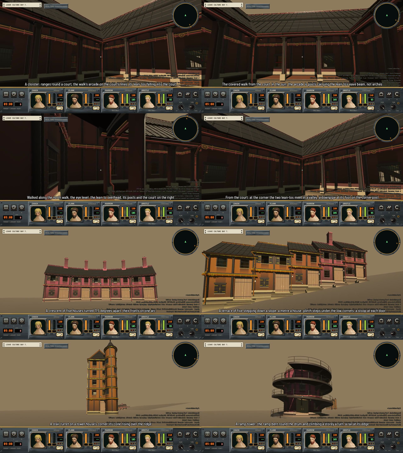 Eight frames from the film: the cloister from the walk and from the court, the crescent, the terrace, the stair turret and the ramp tower.