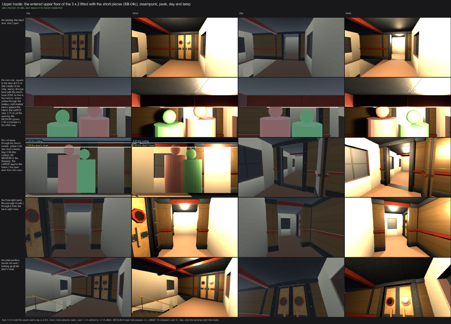 The entered upper floor of the 3 x 2 house with the short door shut and open, the two bodies at the door, and the cut-away through it.