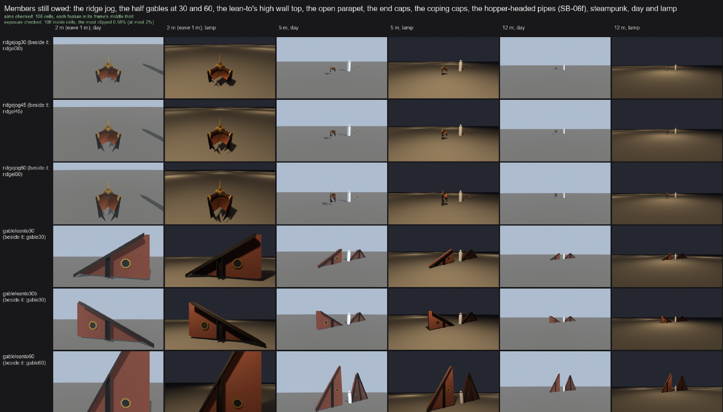 The first rows of a sheet showing ridge jogs and half gables alone, at 2 m, 5 m and 12 m, by day and by lamp.
