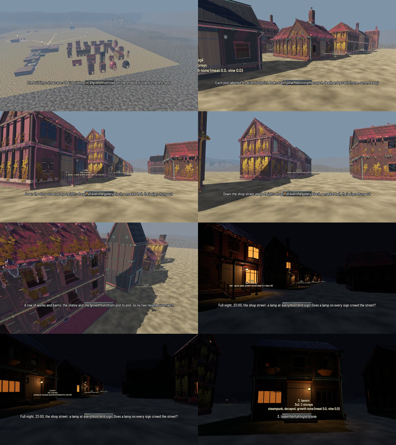 Eight frames of the film: the grid from above, a label close up, two views down the shop street, the works and barns row, and three night views of the shop street and the tavern.